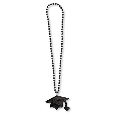 Bead Necklace Grad Black with Medallion 33"